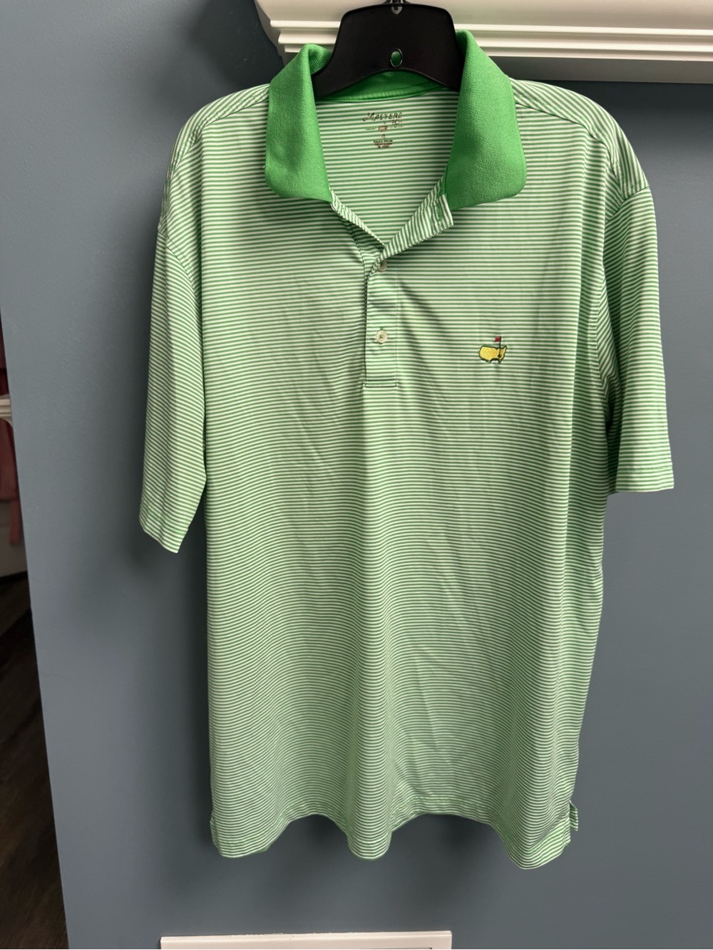 Men's Master’s Tech Green Striped Polo Shirt- XL